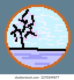 8-bit pixel game. Black tree outside the window.