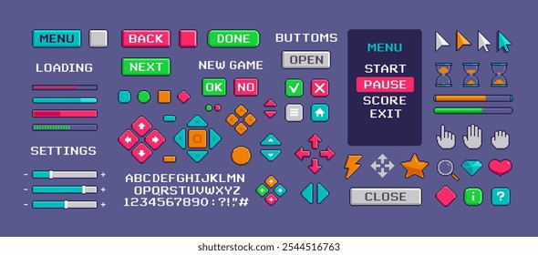 Conjunto de Botones e íconos del juego Pixel de 8 bits. Cursores de interfaz de PC de píxel y menú de juego, Botones de interfaz de interfaz de usuario de App. Video Elementos de juego retro. Barra de descarga y menú de inicio de Niveles. Vector de píxeles perfecto