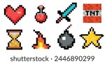 8-bit pixel game graphics set. Potion bottles, fire flame, sword, torch, emerald and heart. Objects for a pixel game. The concept of games background. Minecraft concept. Vector illustration 