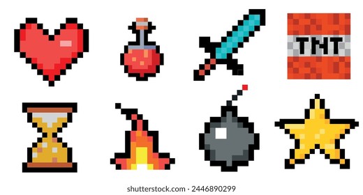 8-bit pixel game graphics set. Potion bottles, fire flame, sword, torch, emerald and heart. Objects for a pixel game. The concept of games background. Minecraft concept. Vector illustration 