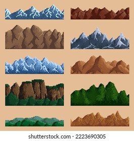 8bit pixel game mountains and hills. Vintage console, indie pixel game level design mountain landscape land vector asset, 8bit arcade rock backgrounds with snow peaks, dessert canyon and jungles