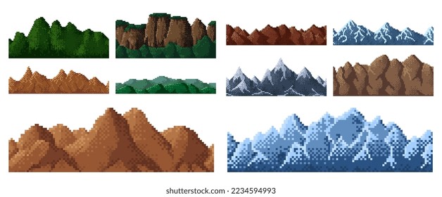 8bit pixel game mountains and hills background, vector retro 8 bit pixel art landscape. Arcade game nature mountains and hills with sky and forest grass, pixel art Alps snow rocks and jungle island