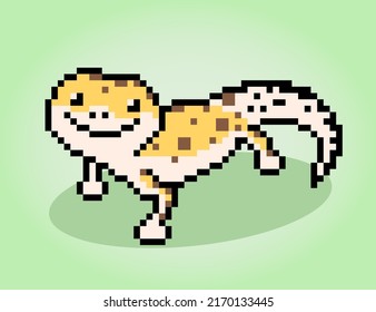 8-bit pixel gecko colored yellow. Lizards Pixel in vector illustrations for cross stitches and game assets.