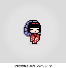 8-bit pixel of geisha japan. women dress kimono in vector illustrations for cross stitches and game assets.