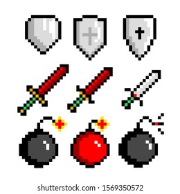 8-bit pixel graphics icon set. Swords bombs and shields. Game assets. Isolated vector illustration.