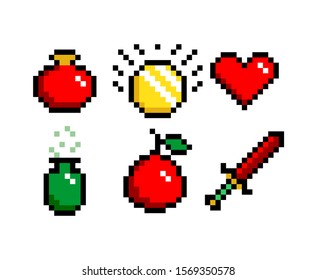 8-bit pixel graphics icon set. potion, sword coin and heart. Game assets. Isolated vector illustration.
