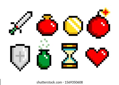 8-bit pixel graphics icon set. potion, sword coin and heart. Game assets. Isolated vector illustration.