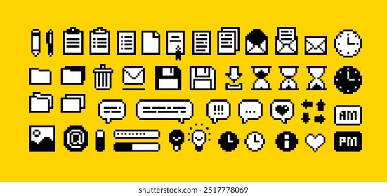 Conjunto de ícones de 8 bits do office graphics. Ícones de pixels perfeitos de, letra, pasta, fonte de pixels. Ícones do organizador do Office conjunto de documento, tarefa, envelope de carta. Elemento de jogo retrô. Vetor isolado