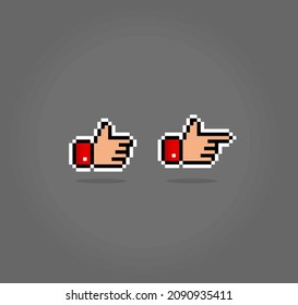 píxel de 8 bits del pulgar de la mano e imagen señaladora. Ilustración vectorial del arte de píxeles.