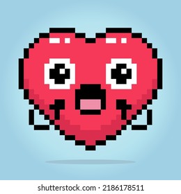 8-bit pixel heart character. Love icon is surprised in vector illustrations