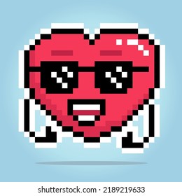 8-bit pixel heart character wearing glasses. Love icon with thumb hand in the vector illustration