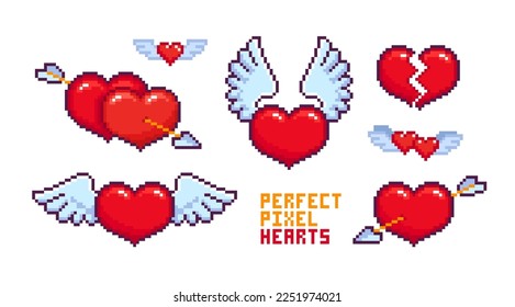 8-Bit pixel hearts with arrow - editable vector. Cartoon couple hearts in retro computer game pixel  style. Happy Valentines Day decor sign. Pixilated Heart with arrow and wings. Broken heart 