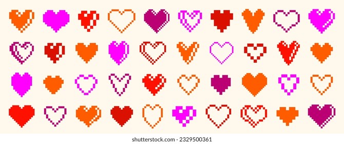 Logotipos vectoriales de 8 bits o juegos de iconos, juego retro de la colección de símbolos cardiacos de estilo de 8 bits de los 90, diseño gráfico de elementos elegantes.