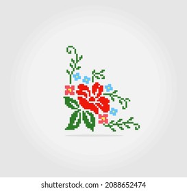 8-bit pixel of hibiscus flower. flowers for cross stitch patterns, in vector illustrations.