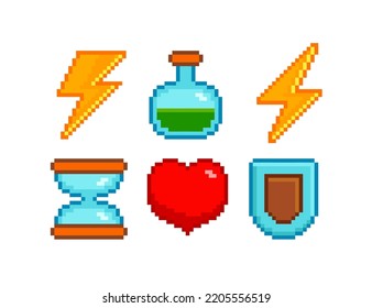 8-bit pixel icons for retro computer game design. Pixel flash, Potion bottle, Heart, Shield, Hourglass, isolated on white. Vintage arcade game assets