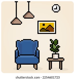 8-bit Pixel Interior Living Room In Vector Illustration for Game Assets. Modern decorating with a minimalist style