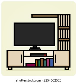 8-bit Pixel Interior Living Room In Vector Illustration for Game Assets. Modern decorating Flat TV on desk with a minimalist style