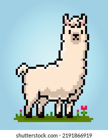 8-bit Pixel of llama. Animal pixels in vector Illustration for game asset.