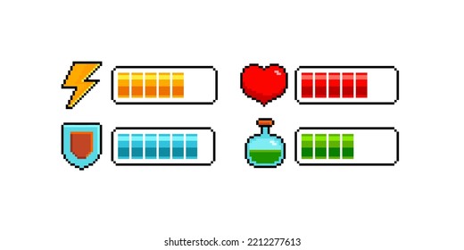 Icono de escala de carga de píxeles de 8 bits para diseño de juego retro. Corazón de píxeles, poción, escudo, icono de flash. Ilustración vectorial aislada