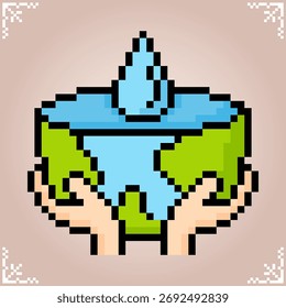8-bit pixel logo, save water for the world. Hand symbol holding the globe in vector illustration.
