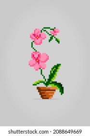 8-bit pixel orchid flower. Pink Flowers for Cross Stitch patterns, in vector illustrations.