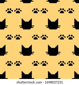 8-bit pixel pattern depicting a cat and the prints of its paws. Black silhouette cat on a yellow chess background. Vector illustration of an animal for video games.