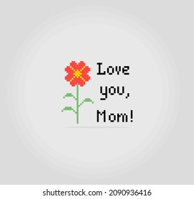 8-bit pixel picture of Mother's Day greeting card. Illustration of pixel art vectors.