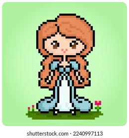 8-bit pixel a Princess in Vector Illustration,  A cute girl for game assets and Beads pattern