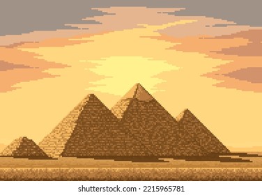 8bit pixel pyramids in Egypt desert. Retro 8bit arcade screen wallpaper with pharaoh tomb, platform console game desert vector landscape. Indie pixel game level design asset with Giza pyramids