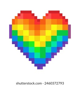 8-Bit Pixel rainbow heart. Pixel art. Vector illustration. isolated on white