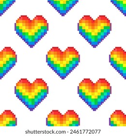 8-Bit Pixel rainbow hearts seamless pattern. Pixel art. Vector illustration. isolated on white