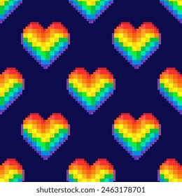 8-Bit Pixel rainbow hearts seamless pattern. Pixel art. Vector illustration. 