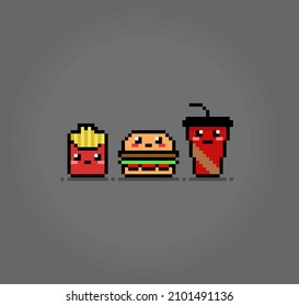 8-bit Pixel Ready-to-eat Food. Burger, Potato Cheese Stick And Cola In Vector Illustration