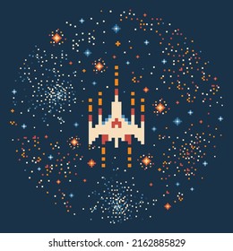 8-bit pixel rocket in outer space with stars and planets. Retro spaceship flying through cosmos. Vintage arcade galaxy video game element. Nostalgic spacecraft print from 8-bit gaming era.