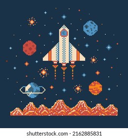 cohete de píxeles de 8 bits en el espacio exterior con estrellas y planetas. Nave espacial retro volando a través del cosmos. Elemento de videojuego de galaxia de arcada vintage. Impresión nostálgica de naves espaciales de 8 bits de época de juegos.