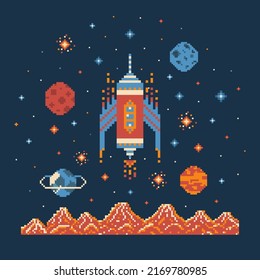 8-bit pixel rocket in outer space with stars and planets. Retro spaceship flying through cosmos. Vintage arcade galaxy video game element. Nostalgic spacecraft print from 8-bit gaming era.