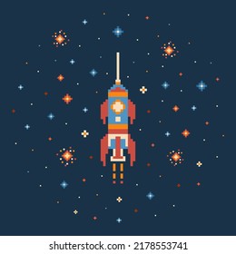 8-bit pixel rocket in outer space with stars and planets. Retro spaceship flying through cosmos. Vintage arcade galaxy video game element. Nostalgic spacecraft print from 8-bit gaming era.