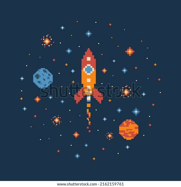8-bit
pixel rocket in outer space with stars and planets. Retro spaceship
flying through cosmos. Vintage arcade galaxy video game element.
Nostalgic spacecraft print from 8-bit gaming
era.
