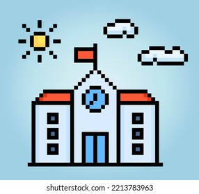 8-bit Pixel of school building icon in vector Illustration for game asset and web icons