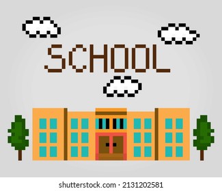 8-bit Pixel of school building in vector Illustration for game asset.