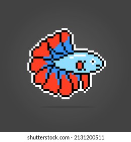 8-bit Pixel of Siamese Fighting Fish. Animal pixels in vector Illustration for game asset.