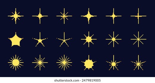 8bit pixel star icon set. Bright yellow sparkle symbol collection. Sparkling stars, glitter, sparkles. Starry sky