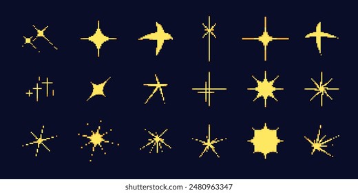 8bit pixel star icon set. Bright yellow sparkle symbol collection. Sparkling stars, glitter, sparkles. Starry sky