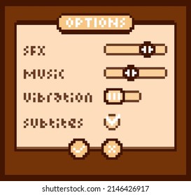 Texto de píxel de 8 bits, menú de opción de juego. Icono de fondo para los activos de juego en ilustraciones vectoriales.