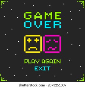 8-bit pixel text, game over. Background icon for game assets in vector illustrations.