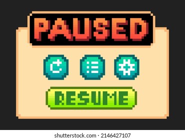 8-bit pixel text, game pause menu. Background icon for game assets in vector illustrations.