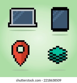 8-bit pixel, UI symbol icon. notebook, smartphone, pin and layer icon in vector illustrations