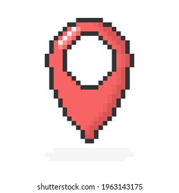8bit pixel vector red pin location gps icon. Geometric marker flat shape element.