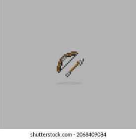 arco de madera de 8 bits y flecha. Iconos para activos de juego en ilustraciones vectoriales.