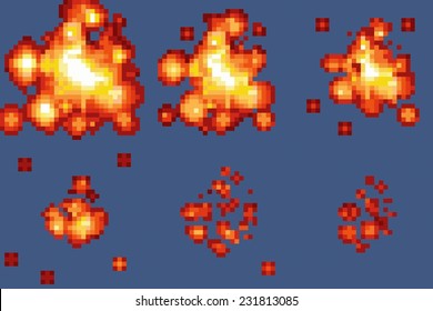 8-Bit Pixel-art Explosion Animation Vector Frames Isolated